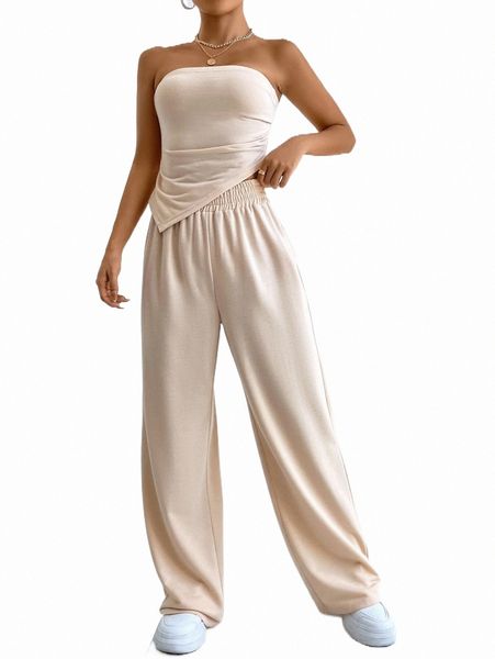 

two piece dress asymmetrical hem tube & wide leg pants i9il#, White