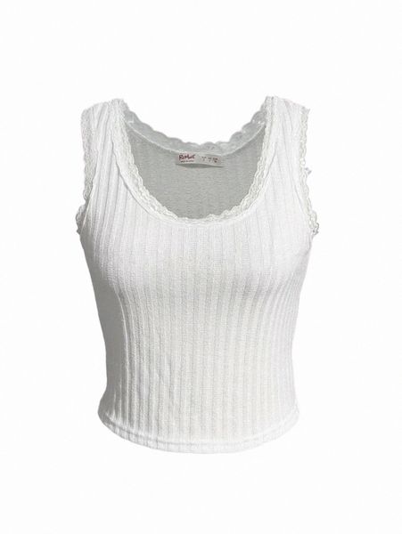 

women's tanks & camis romwe kawaii lace trim ribbed tank i8wm#, White