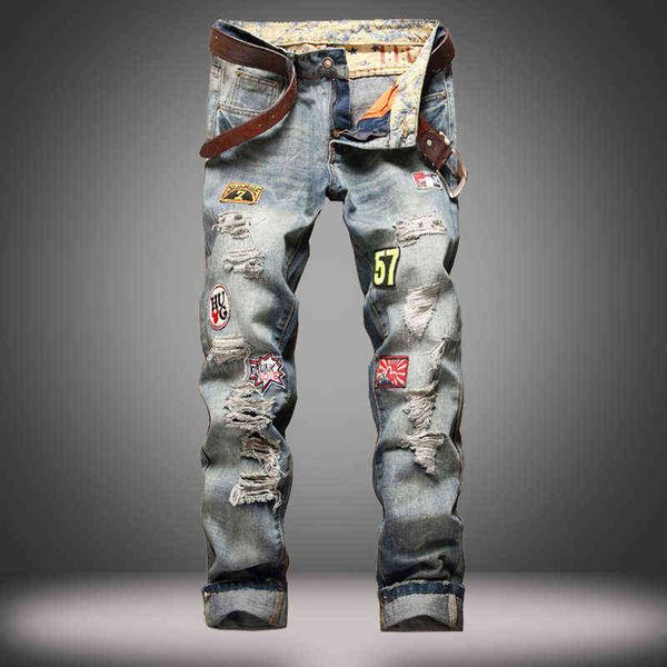 

men's jeans men's slim straight badge worn out jeans, Blue