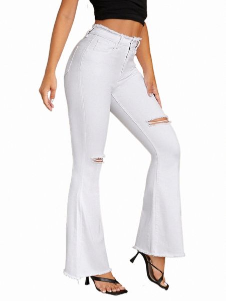 

women's jeans ripped frayed trim flare leg jeans m7y7#, Blue
