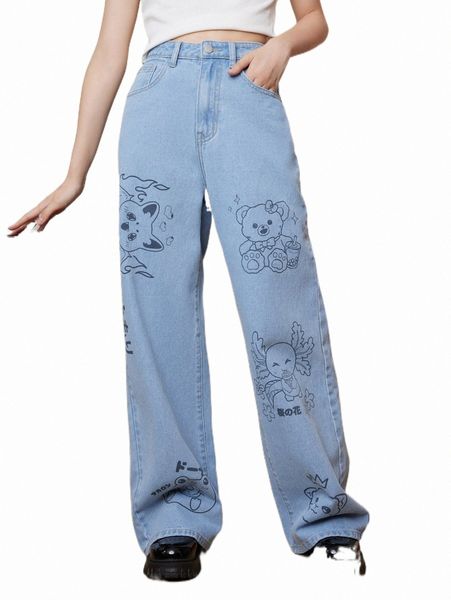 

women's jeans romwe kawaii cartoon graphic jeans u5fp#, Blue