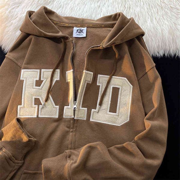 

women's hoodies sweatshirts fun letter print vintage dark brown zip up hoodie women girls oversized sweatshirt cardigan autumn winter c, Black