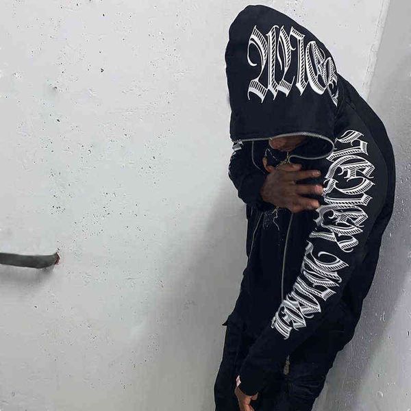 

women's hoodies sweatshirts punk gothic letter print for men full zip hoodie women hooded jackets new t220826, Black