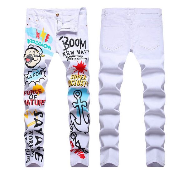 

men's pants stretch print white slim jeans stylish personality men's long trousers, Black