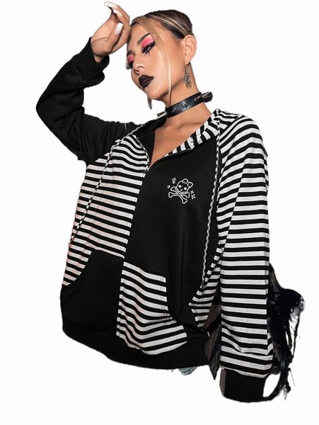 

striped & skull print kangaroo pocket raglan sleeve hoodie n6go#, Black