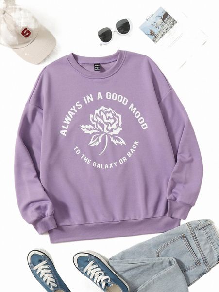 

women's hoodies & sweatshirts floral & slogan graphic sweatshirt q70u#, Black
