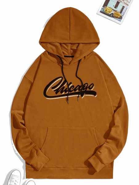 

men letter graphic kangaroo pocket drawstring hoodie 53k8#, Black