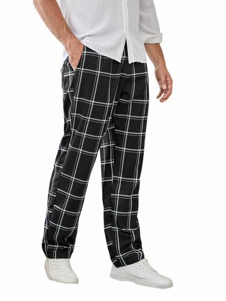 

men's pants men plaid print drawstring waist pants m11f#, Black