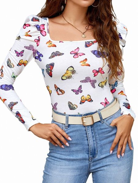 

women's t-shirt butterfly print square neck tee b3hy#, White