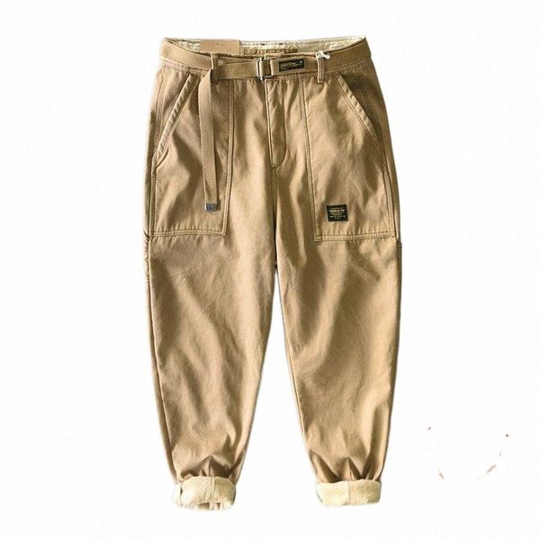 

men's pants cargo men winter fleece thick streetwear loose vintage casual wideleg trousers cotton khaki multi pocket man work u2jt#, Black