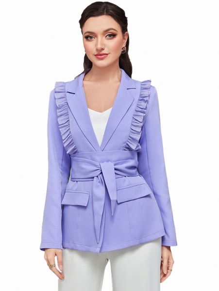 

women's two piece pants ruffle trim flap detail belted blazer k3dt#, White