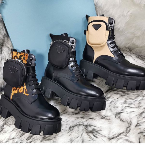 

designers booties leather and nylon boots martin shoes ankle combat boots for women strap with pouch rubber sole wallet boot leg black white