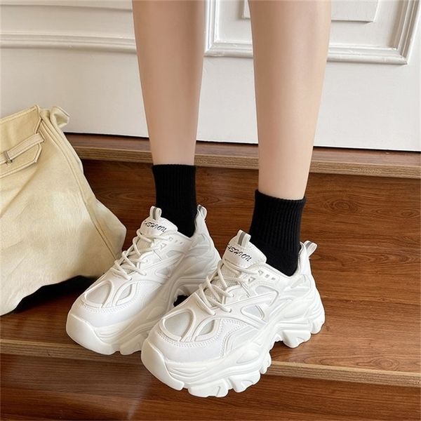 

height increasing shoes black dad chunky sneakers casual vulcanized woman high platform lace up white women 220826, Black;white