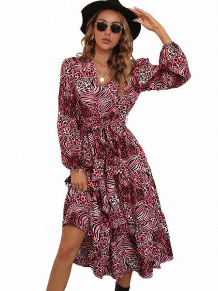 

leopard & zebra striped print ruffle hem belted dress 76en#, Black;gray
