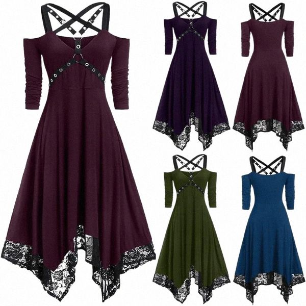 

casual dresses gothic dress women black goth off shoulder lace patchwork punk rock cross strap plus size vintage midi j17e#, Black;gray