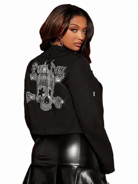 

sxy rhinestone skull & letter graphic zipper pocket jacket r4pg#, Black;brown