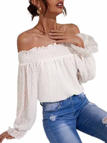 

women's blouses & shirts swiss dot frill trim bardot blouse d0gb#, White