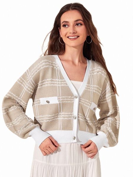 

women's sweaters plaid pattern drop shoulder cardigan y5he#, White;black