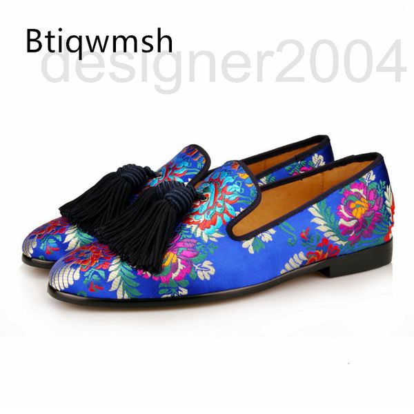 

dress shoes designer blue luxury satin shoes man pointed toe mixed color embroidery tassel flat for men fashion moccasins t5zf, Black