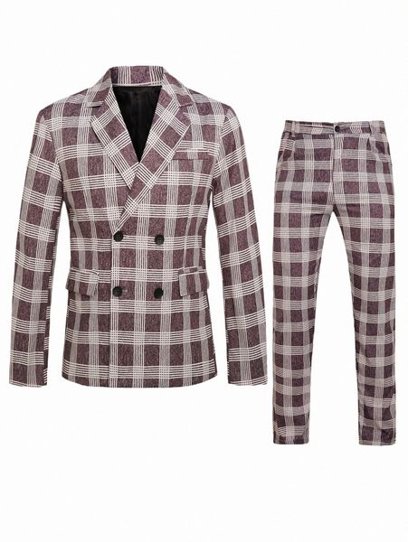 

men's suits & blazers men plaid double breasted blazer & pants p07t#, White;black