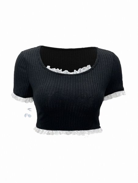 

women's t-shirt romwe contrast lace ribbed tee x5rf#, White