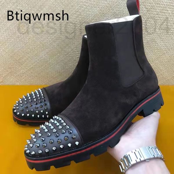 

dress shoes designer ankle boots studded man toe round black real suede rivet thick bottom shoes men winter chelsea 7p3m