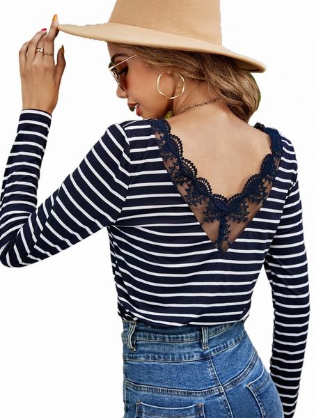 

women's t-shirt striped contrast lace tee 2022 new d781#, White