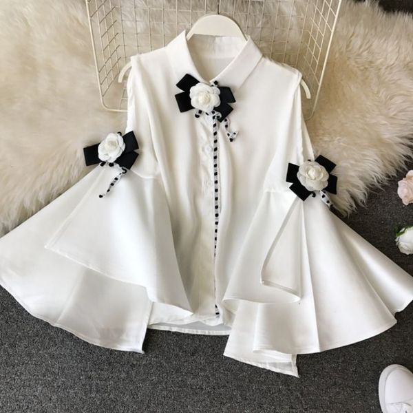 

women's blouses shirts spring summer vintage lapel strapless big flare sleeve long sleeve slim chiffon shirt 3d flower deco blouse wome, White