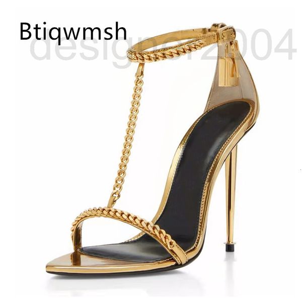 

sandals designer gold metal lock gladiator sandals woman open toe chain t-strap high heel lady party shoes 0xna, Black