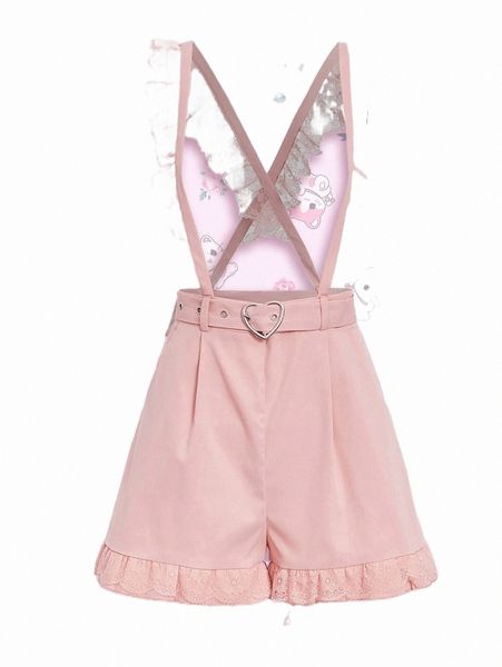 

romwe kawaii contrast lace plicated detail belted shorts v0fl#, White;black