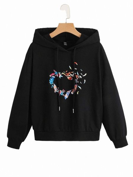 

women's hoodies & sweatshirts feather and floral print hoodie h0mq#, Black