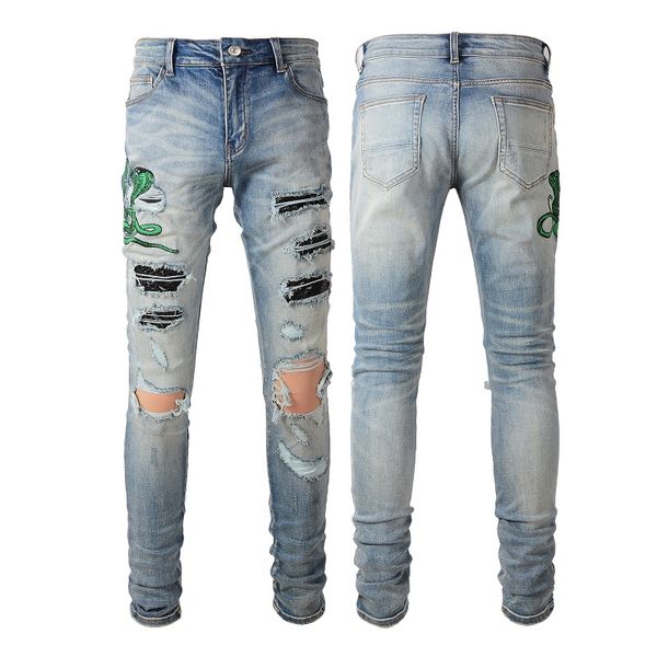 

2025 ss designer mens jeans hip-hop fashion zipper hole wash jean pants retro torn fold stitching men design motorcycle riding cool slim pan, Blue