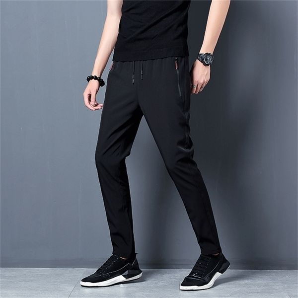 

men's pants men's korean fashion casual summer thin quick drying ice silk straight loose sports 9 point trousers boy 220827, Black
