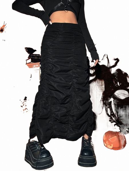 

skirts halloween high waist ruched skirt 2022 new 47jr#, Black