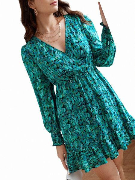 

frenchy allover print lantern sleeve ruffle hem dress p0ev#, Black;gray