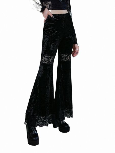 

halloween witch contrast lace velvet flare leg pants e3ly#, Black;white