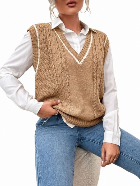 

women's sweaters striped trim sweater vest without blouse s1o2#, White;black