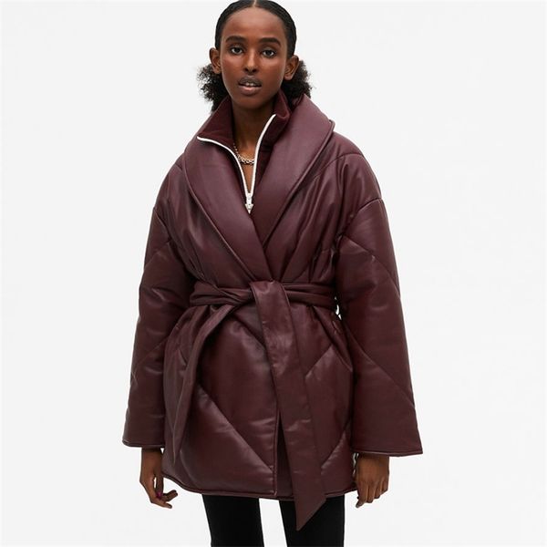 

women's fur faux fur malina autumn winter parkas women fashion loose solid pu leather coats women elegant tie belt cotton jackets femal, Black