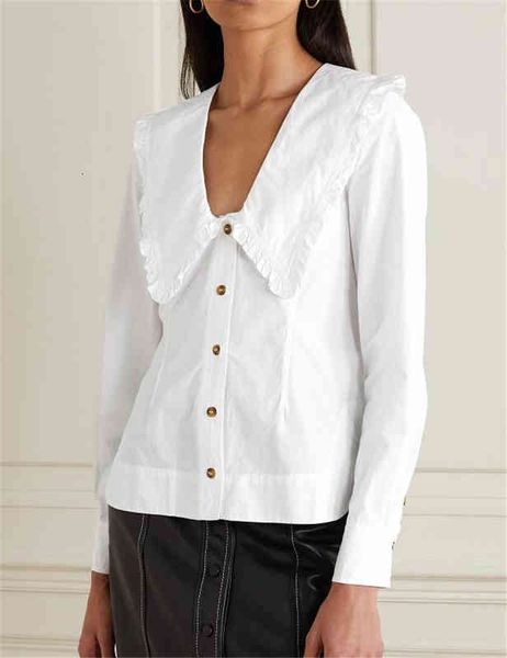 

women's blouses shirts gan spring and summer products big turn doll collar white low long sleeve shirt women's ruffle female