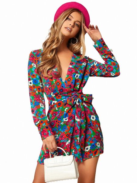 

casual dresses allover floral print wrap knotted dress e08a#, Black;gray