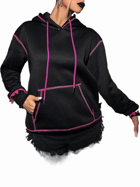 

kangaroo pocket stitching 3d ear design drawstring hoodie x4p1#, Black