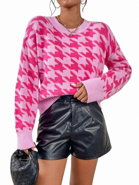 

women's sweaters houndstooth pattern drop shoulder sweater 15hm#, White;black