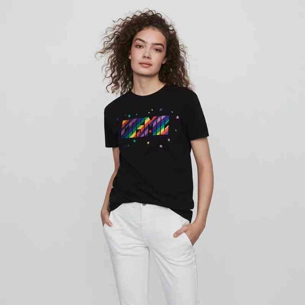 

women's t shirt french single spring and summer gradient rainbow letter short sleeve star candy embroidered women's t shirt korean, White