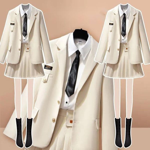 

two piece dress blazer and skirts women preppy style notched collar blazer pleated solid color skirts female long sleeve shirt slim fitting, White
