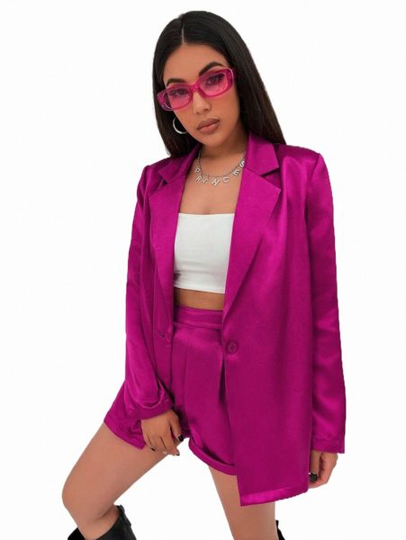 

two piece dress notched collar satin blazer & cuffed shorts e3fr#, White