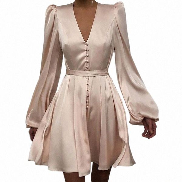 

casual dresses 2021 autumn elegant ladies clothes slim waist aesthetic party women dress plain puff sleeve ruffled button long minidress c3p, Black;gray