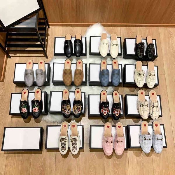 

designer mules slippers women loafers genuine leather sandals luxury casual shoes horsebit half drag princetown metal chain shoe cowhide 4l, Black