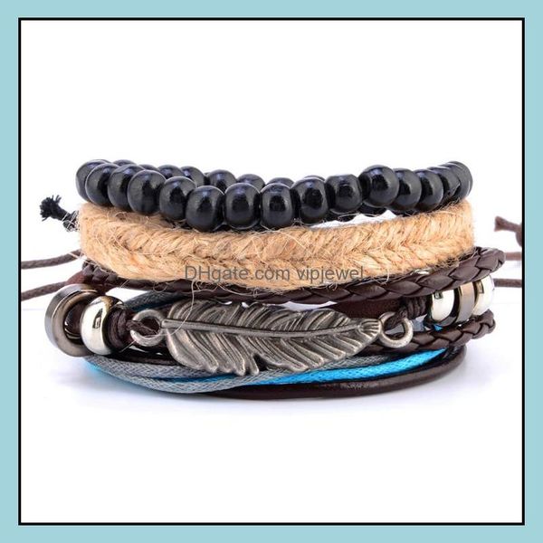 

beaded strands mti-bundle set bracelet handmade leather handicraft wooden bead weave beaded men and women gentlemen charm drop deliv dhhe7, Black