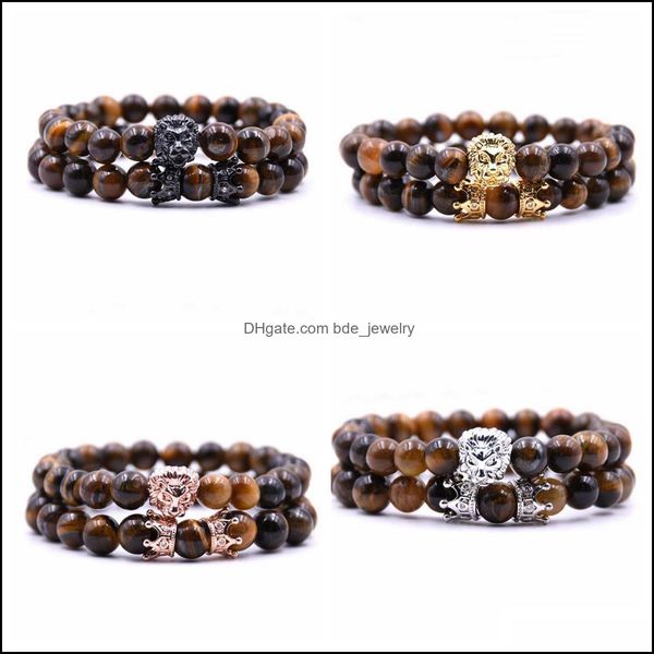 

beaded strands 2 pcs/set animal king lion head tiger eye bracelet black natural stone crown couple braclet sets for men hand jewelry dh9sq
