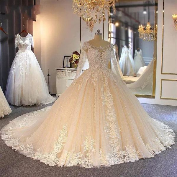 

2022 gorgeous champagne wedding dresses bridal gown long sleeves tulle sweep train scoop neck a line custom made plus size vestido de novia, White